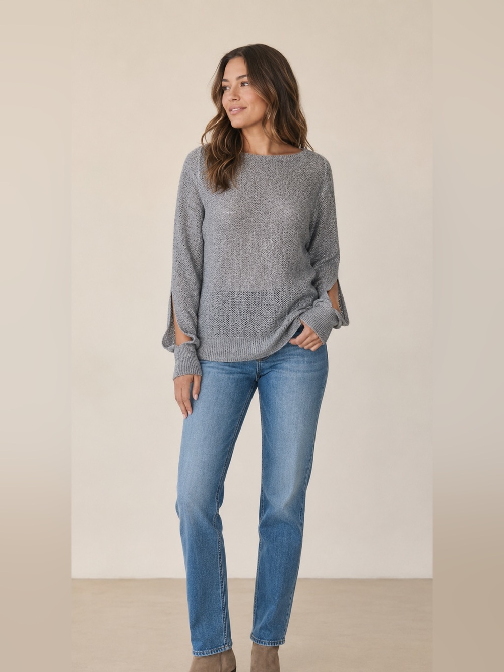 All Saints Gray Slit Sleeve Loose Knit  Sweater